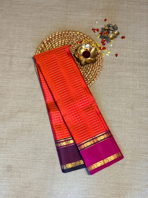 Orange and Pink Dual Tone Vintage Checks Kanjeevaram Saree with Ganga Jamuna Gap Borders