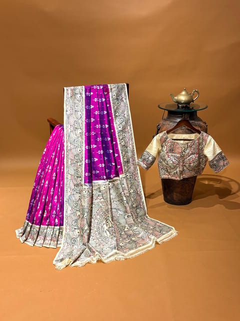 Magenta Purple Ikkath Patola and Handpainted Madhubani Fusion Saree