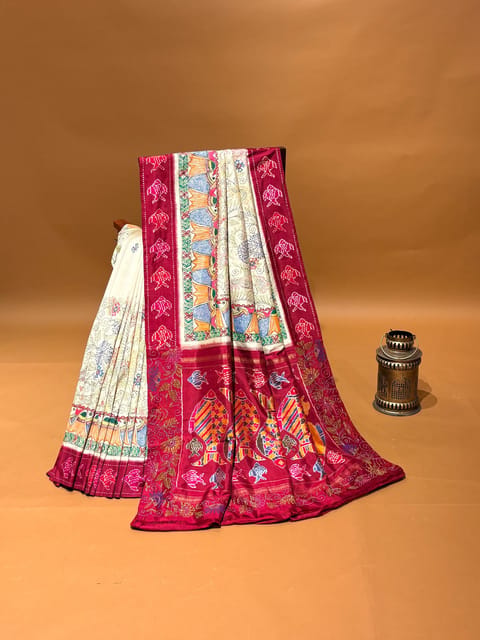 Ivory Ikkath Patola with Katha Work & Handpainted Madhubani Fusion Saree