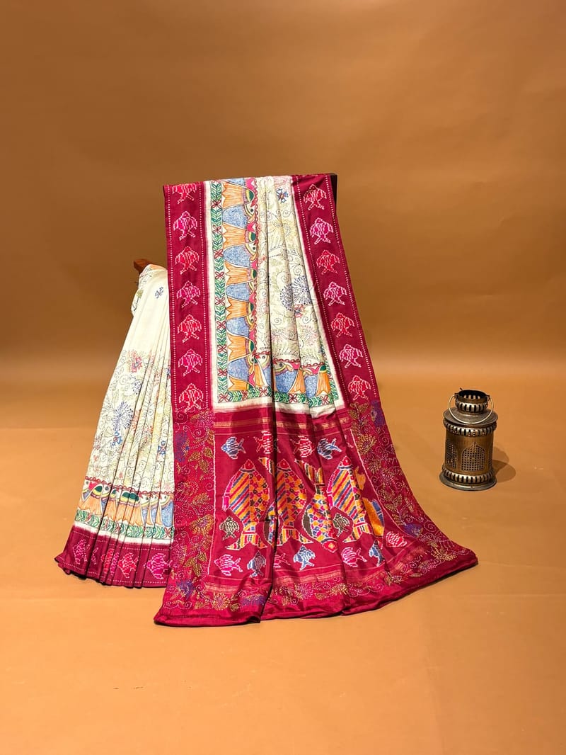 Ivory Ikkath Patola with Katha Work & Handpainted Madhubani Fusion Saree