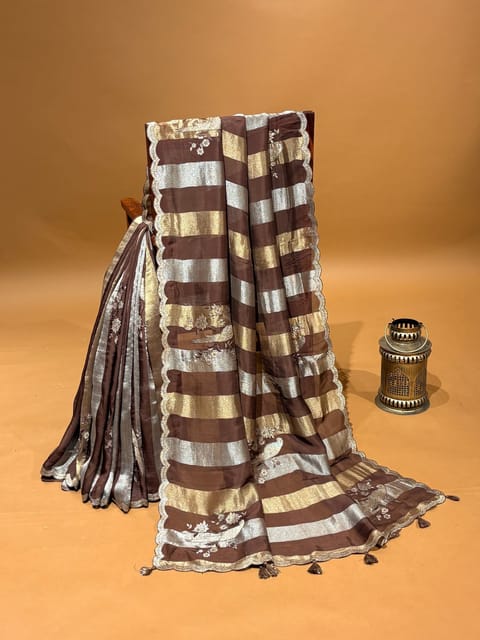 Brown Kora Tissue Stripes Saree with Embroidery