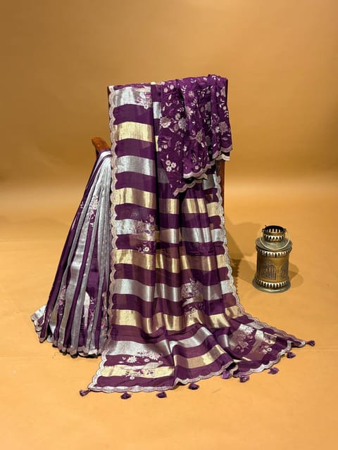 Purple Kora Tissue Stripes Saree with Embroidery