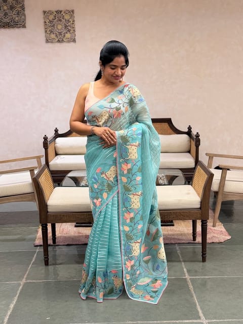 Pastel Blue Organza Saree with Pichwai Embroidery