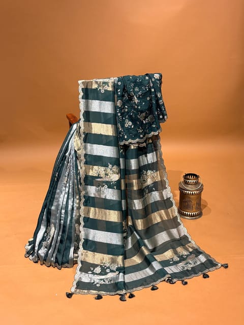 Forest Green Kora Tissue Stripes Saree with Embroidery