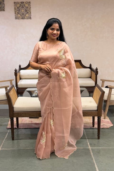 Nude Pink Pure Organza Saree with Flamingo Handwork