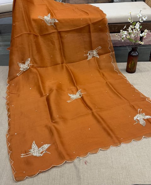 Rust Orange Organza Saree with Flamingo Handwork