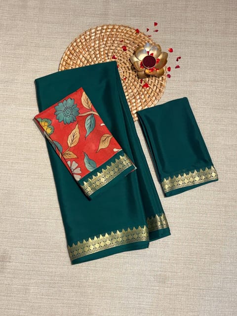 Emerald Green Mysore Silk Saree with Pen Kalamkari Fusion Blouse