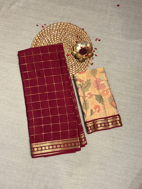 Burgundy Vintage Checks Mysore Crepe Saree with Pure Tissue Fusion Blouse
