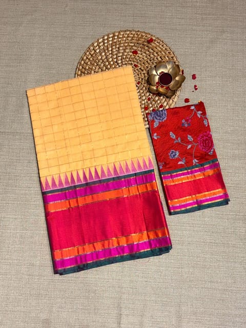 Peach Checks Ponduru Khadi Saree with Multi Colour Kanchi Style Silk Borders