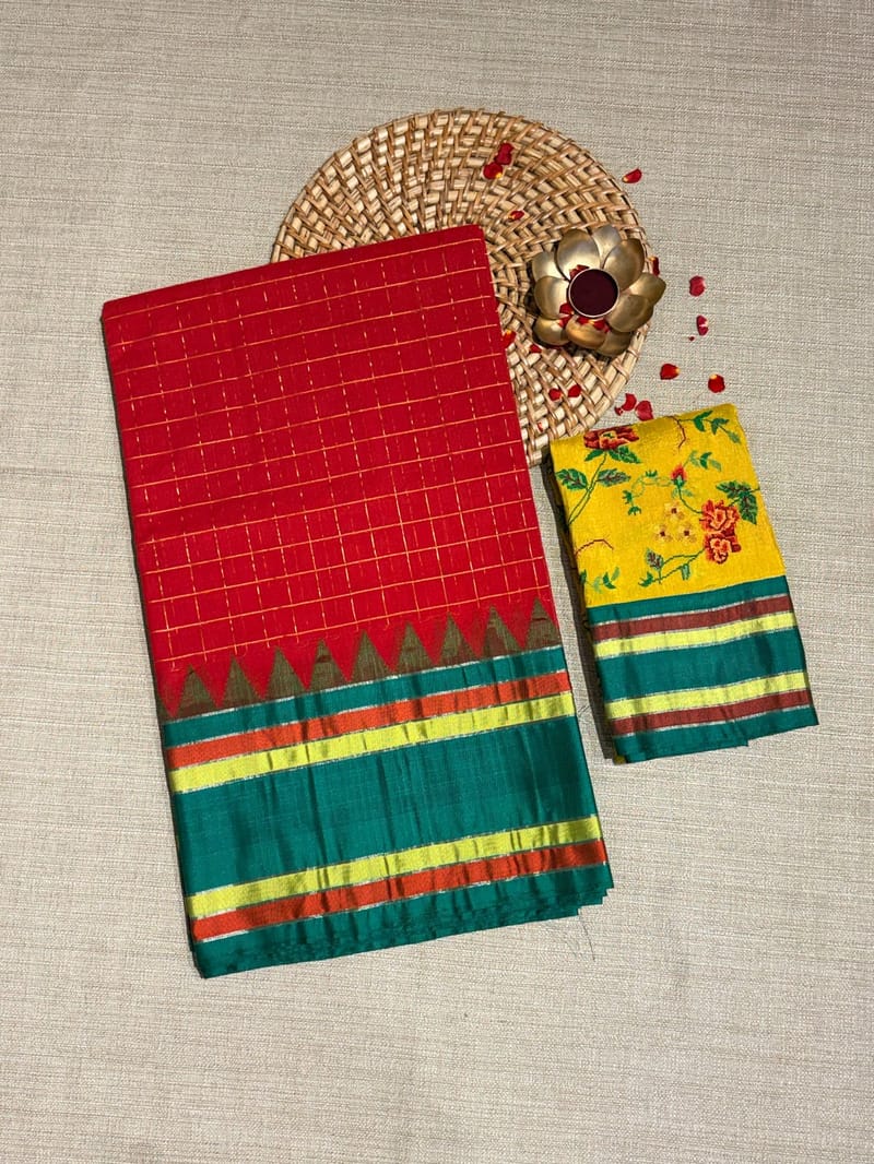 Red Ponduru Khadi Saree with Multi Colour Kanchi Style Silk Borders