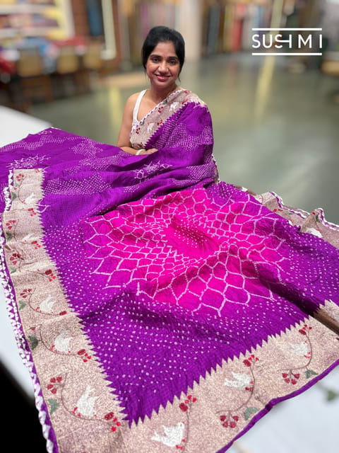 Purple Silk Kota Rai Bandhej Saree with Paithani Embroidery