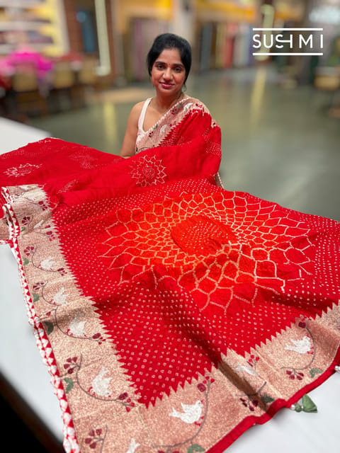 Red Designer Silk Kota Rai Bandhej Saree with Paithani Embroidery
