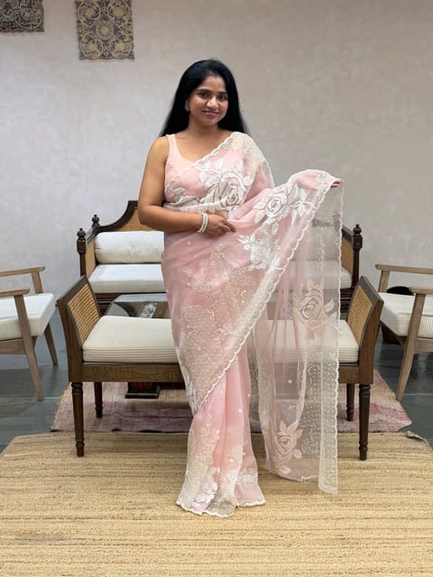 Pastel Pink Organza Saree with Handwork