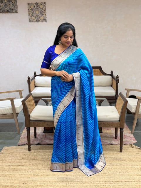 Copper Sulphate Blue Habutai Silk Fusion Saree – Leheriya & Paithani Embroidery