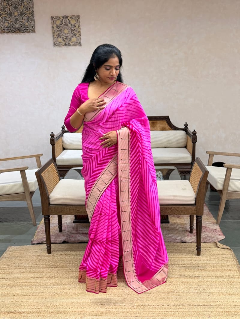 Rani Pink Habutai Silk Fusion Saree – Leheriya & Paithani Embroidery