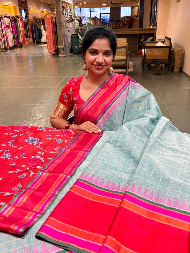 Dusty blue Ponduru khadi saree with multi color kanchi style silk borders