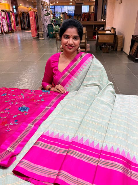 Orange Ponduru Khadi Saree with Multi Colour Kanchi Silk Borders