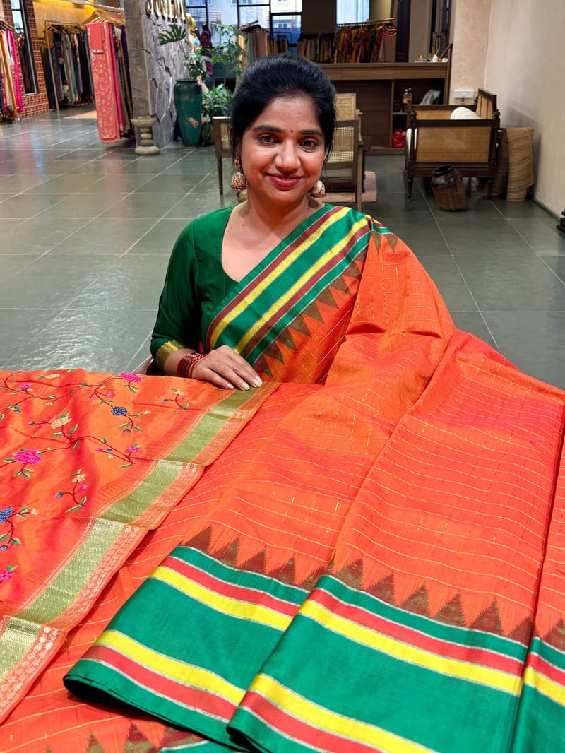 Orange Ponduru khadi saree with multi color kanchi style silk borders