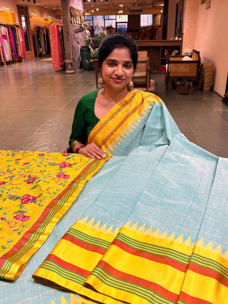 Powder Blue Ponduru khadi saree with multi color kanchi style silk borders