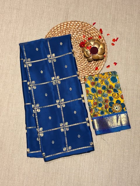 Peacock Blue Vintage Checks Mysore Crepe Saree with Fusion Pure Silk Kanchi Kalamakri Blouse