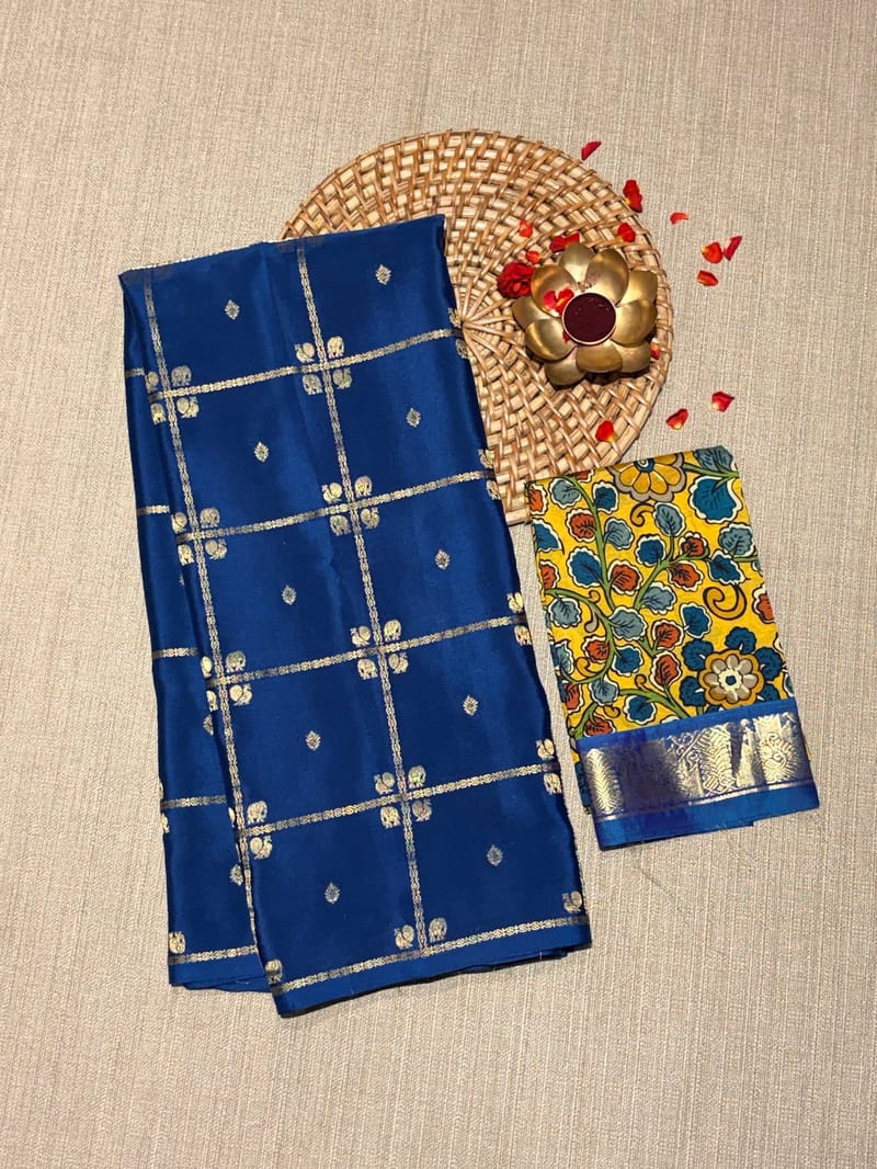 Peacock Blue Vintage Checks Mysore Crepe Saree with Fusion Pure Silk Kanchi Kalamakri Blouse