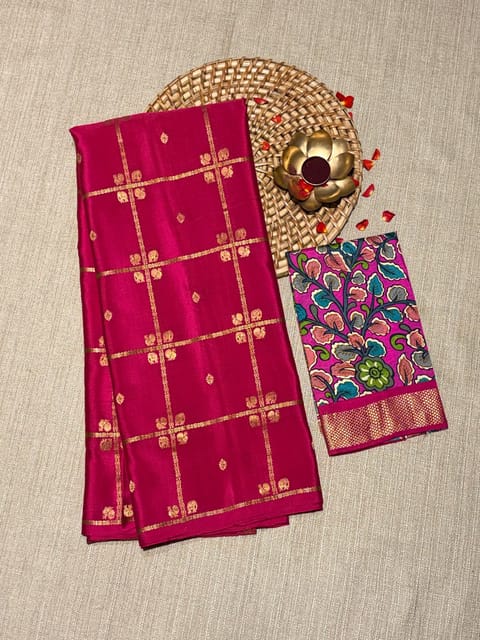 Pink Vintage Checks Mysore Crepe Saree with Fusion Ikkath Patola Kanchi Blouse