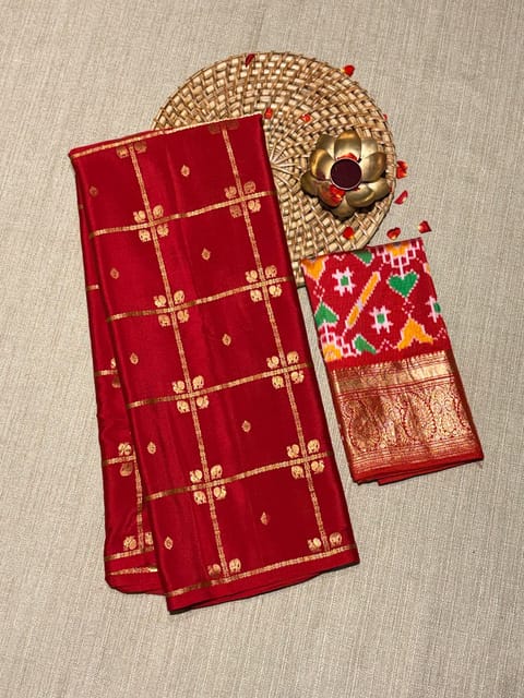 Chilli Red Vintage Checks Mysore Crepe Saree with Fusion Ikkath Patola Kanchi Blouse