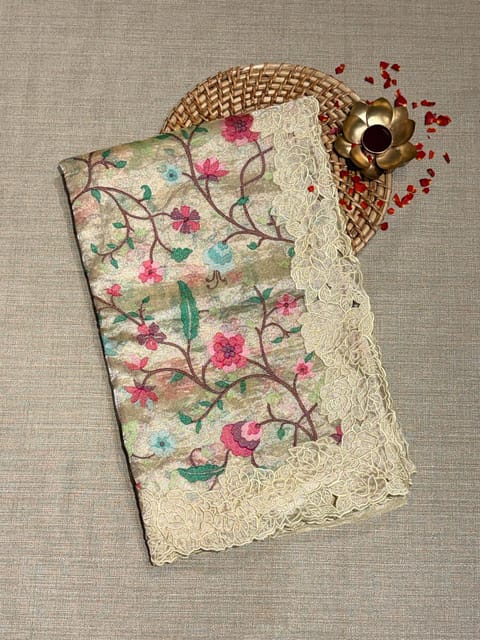 Pastel Yellow Banarasi Tissue with Paithani Inspired Embroidery and Cutwork Rose Border