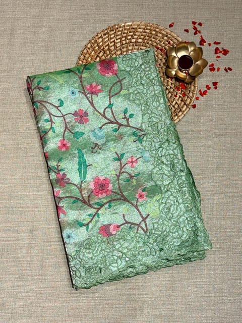 Sea Green Banarasi Tissue with Paithani Inspired Embroidery and Cutwork Rose Border