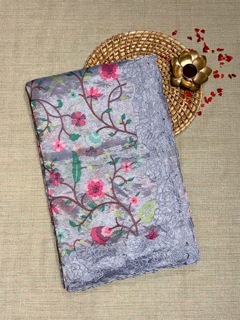 Bluish Lilac Banarasi Tissue with Paithani Inspired Embroidery and Cutwork Rose Border