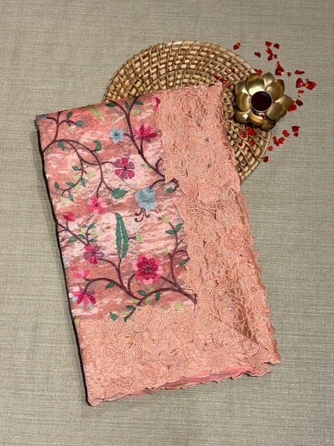 Coral Peach Banarasi Tissue with Paithani Inspired Embroidery and Cutwork Rose Border