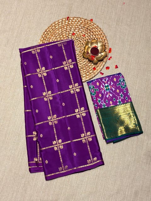 Purple Vintage Checks Mysore Crepe Saree with Fusion Ikkath Patola Kanchi Blouse