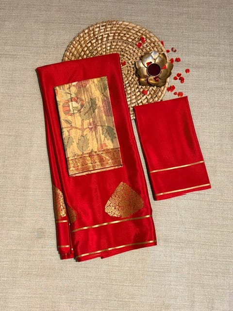 Chilli Red Mysore Crepe Saree with Fusion Tissue Embroidered Blouse