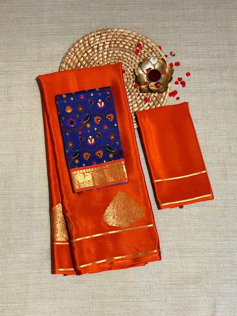 Orange Mysore Crepe Saree with Fusion Patola Printed Kanchi Border Blouse