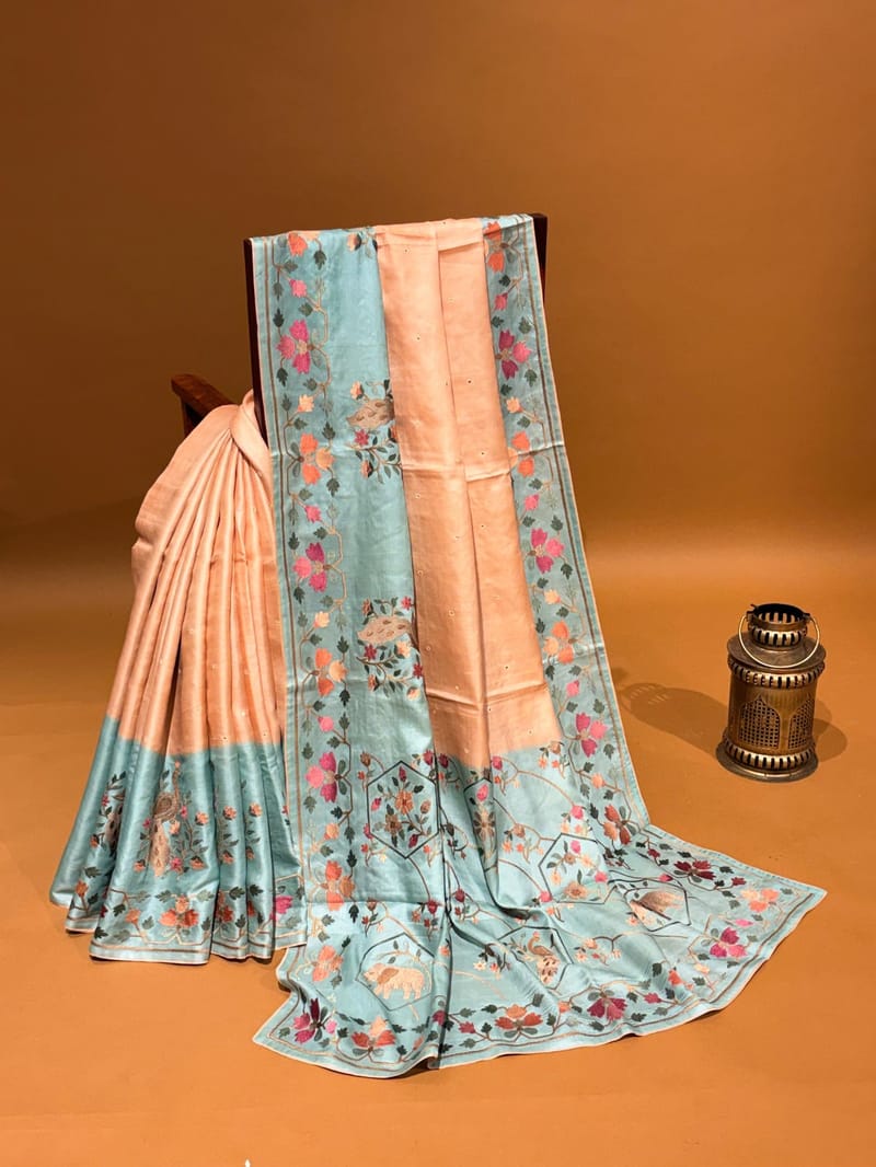 Peach and Mint Combo Handloom Tussar Silk Saree with Jamdani Inspired Embroidery