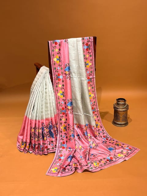 Mint Green & Coral Pink Combo Handloom Tussar Silk Saree with Jamdani Inspired Embroidery