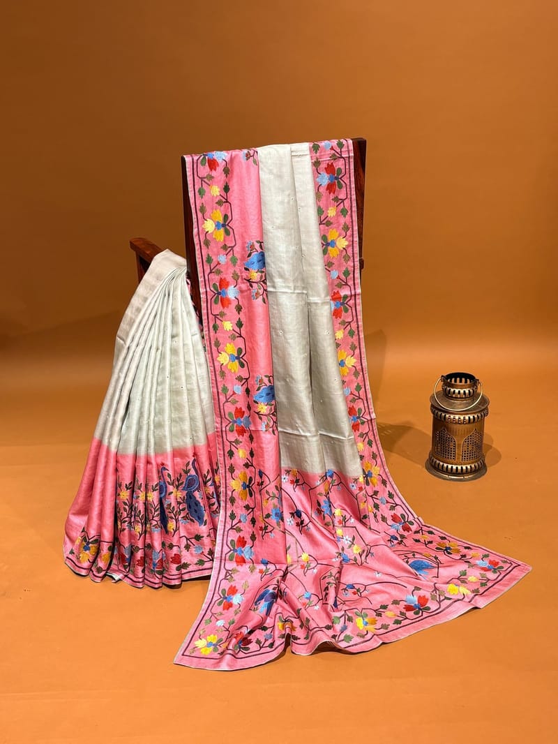 Mint Green & Coral Pink Combo Handloom Tussar Silk Saree with Jamdani Inspired Embroidery