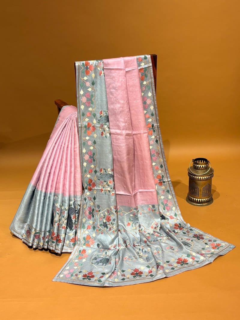 Lilac Pink & Blusih Grey Combo Handloom Tussar Silk Saree with Jamdani Inspired Embroidery
