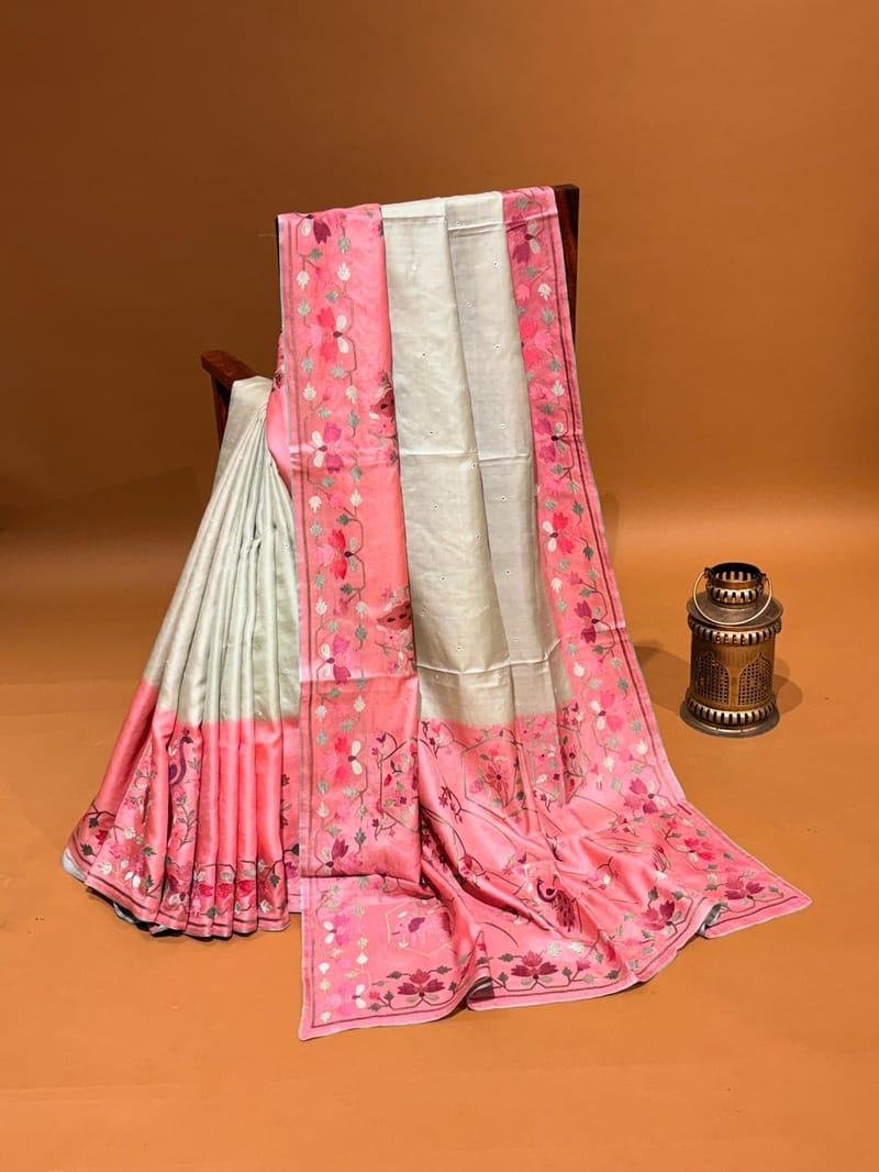 Pista & Coral Pink Combo Handloom Tussar Silk Saree with Jamdani Inspired Embroidery