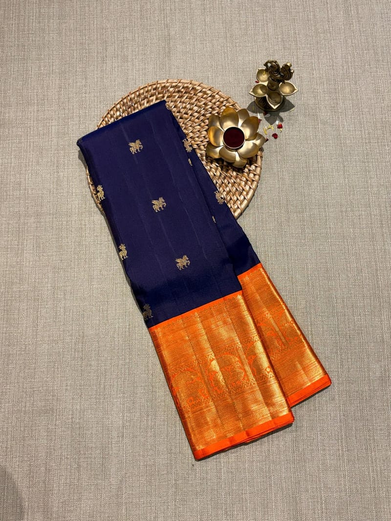 Blue Vintage Korvai Kanjeevaram Saree with Bright Orange Border