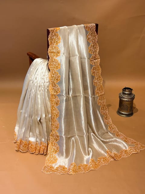 Champagne Gold Tissue Saree with Orange Floral Tissue Applique Cutwork Border