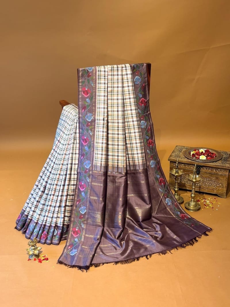 Burberry Checks Kanjeevaram Saree with Paithani Inspired Embroidered Border