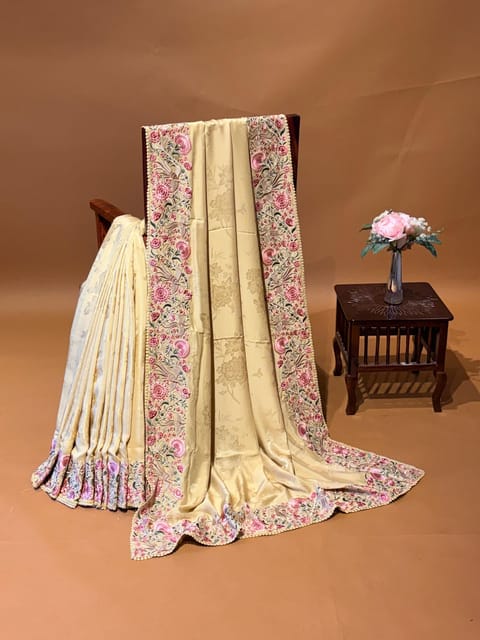 Champagne Gold Pure Satin Crepe Saree with Allover Self Floral Print and Hemined with Parsigara Embroidered Border
