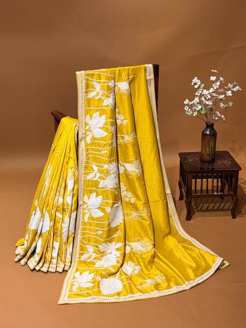 Mango Yellow Designer Silk Saree with Heavy Embroidery