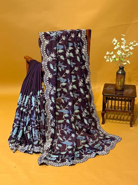 Coffee Brown Satin Saree with Allover Paithani Inspired Embroidery