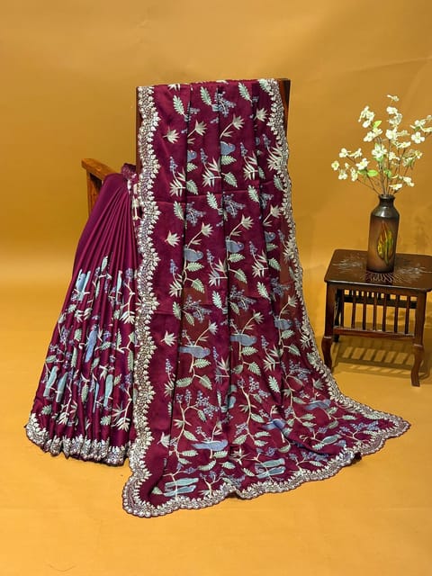 Maroon Satin Saree with Allover Paithani Inspired Embroidery