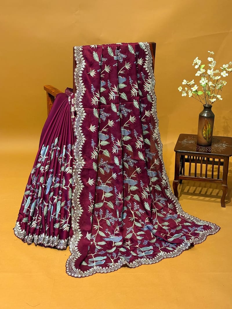Maroon Satin Saree with Allover Paithani Inspired Embroidery