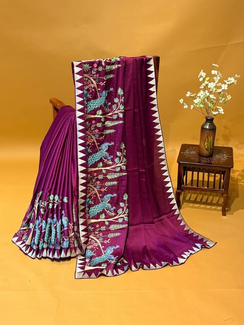 Wine Satin Saree with Peacock & Temple Embroidery