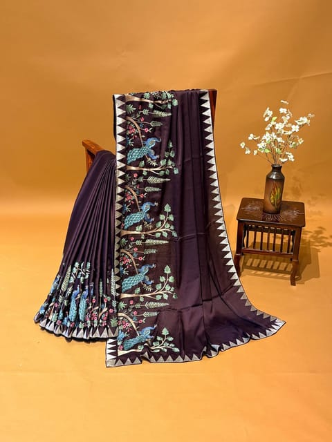 Chocolate Brown Satin Saree with Peacock & Temple Embroidery