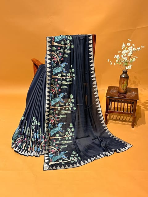 Darkest Midnight Blue Satin Saree with Peacock & Temple Embroidery